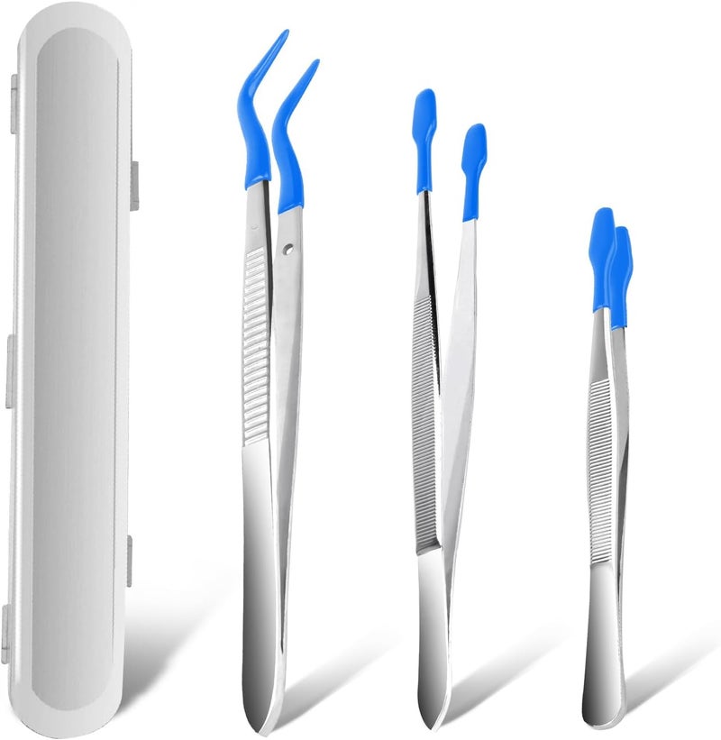 Anglekai 3PCS Tip Tweezers, Silicone Rubber Flat Tipped Tweezers Bent Tip for Jewelry Coin Stamp (Blue) - Image 1